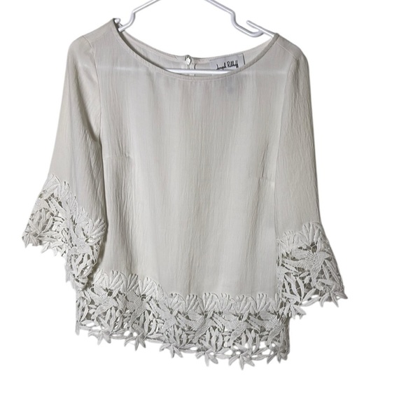 Joseph Ribkoff white heavy lace Trim Blouse.PTP 19”, OVERSIZED,sheer,boxy - Picture 4 of 16